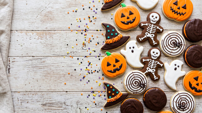 Festive overhead photograph of decorated Halloween sugar and gingerbread cookies arranged along the side of a rustic white wooden background&mdash;featuring frosted pumpkins, skeletons, witch hats, ghosts, 