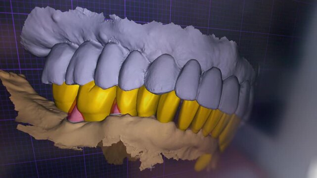 Close-up screen capture of a 3D CAD CAM dental scan, displaying a digital jaw model with color-coded teeth and gum tissue used for restoration and prosthetic treatment planning