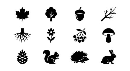 Obraz premium Forest Icons Set: Maple Leaf, Tree, Acorn, Branch, Roots, Flower, Berries, Mushroom, Pinecone, Squirrel, Hedgehog, Rabbit