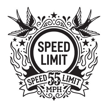 Vintage Speed Limit 55 MPH Tattoo Style Graphic with Swallows and Flames, Black and White Vector Illustration for T-Shirt or Decal Design
