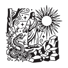 Fototapeta premium Jesus Christ Religious Illustration with Serpent and Sun in Linocut Woodcut Style, Black and White Graphic Symbolizing Good over Evil and Divine Light