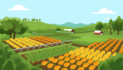 A vibrant cartoon illustration of a rural farm landscape with various cultivated fields, an irrigation system, green hills, trees, and red barns under a blue sky. © Narutoab