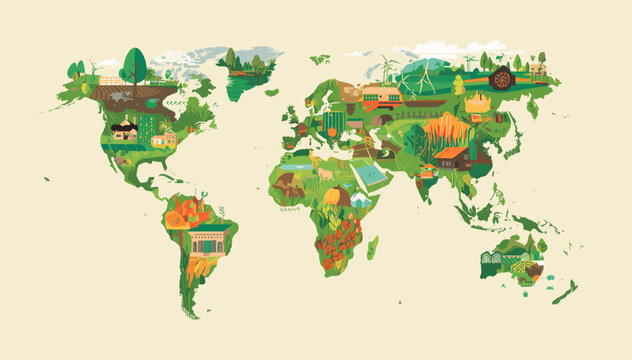 A stylized world map illustration depicting diverse global ecosystems, agriculture, and human settlements across continents.
