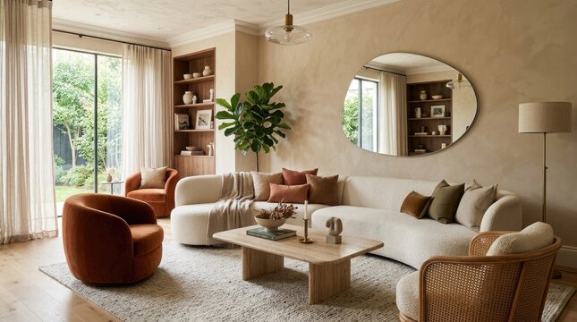 A cozy living room with a large, round mirror on the wall, a beige sofa with multiple pillows, and a wooden coffee table with a plant on it.