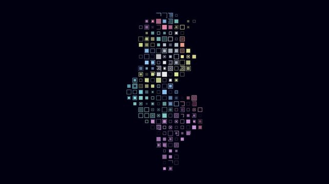 Tunisia animated country shape. Pulsating colored dots on the map of the country. Large size square blocks. Digital style Tunisia map on dark background. Beautiful animation video.