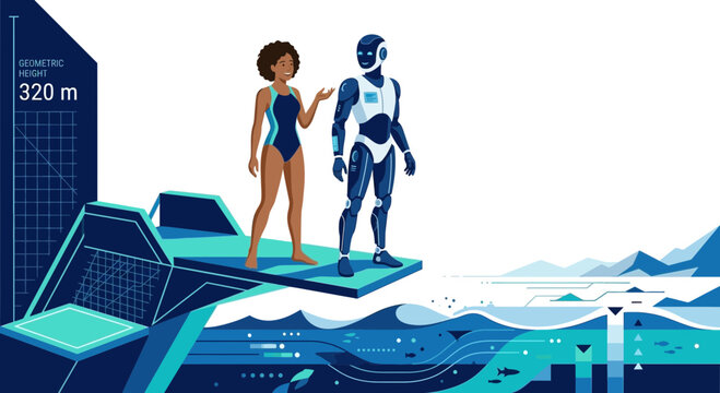 Robot and woman on a high summer diving board artificial intelligence