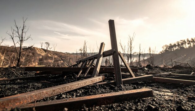 Aftermath of Wildfire: Scorched Earth and Destroyed Structures in a Barren Landscape