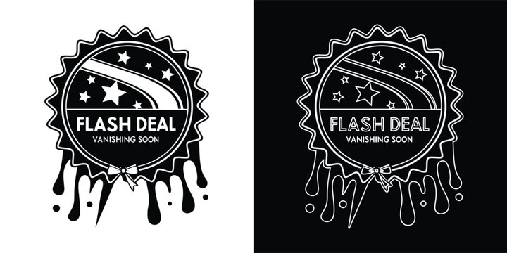 Black and white circular flash deal badge with dripping paint effect