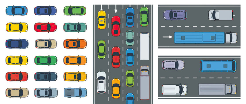 Top View Collection of Various Cars and Trucks on Road