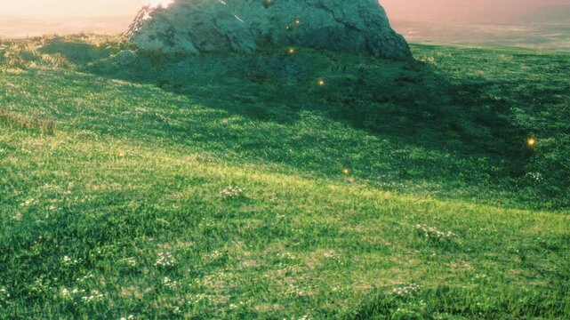 The scene shows a green field with a large rock in the distance. The sun shines brightly, creating a warm atmosphere. Small flowers are scattered across the grass.
