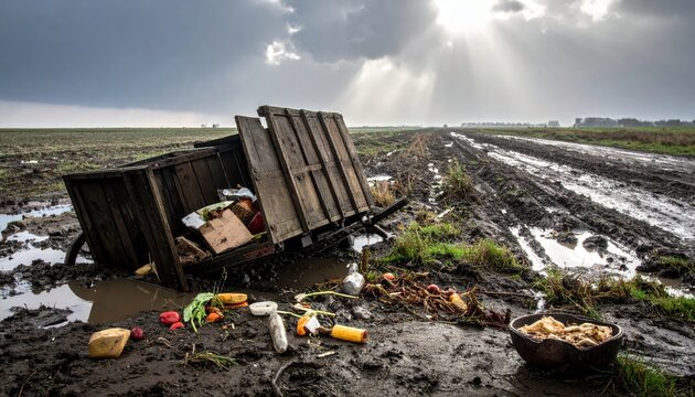 Abandoned wooden dumpster overflowing with trash in a muddy, desolate rural landscape under dramatic, sunlit sky