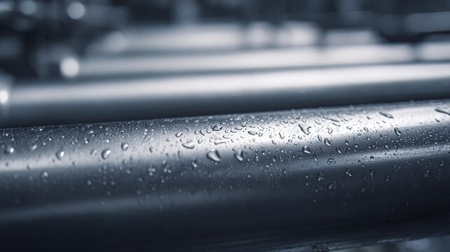 evaporator. Stainless steel evaporator pipes covered with fine, condensed water droplets. safety posters, maintenance manuals, designed for industrial assembly lines and welding operations.