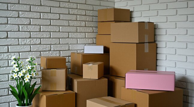 Cardboard boxes stacked in corner of room against white brick wall. Pile of delivery packages for online shopping shipment. Moving house process with paper containers. Courier service boxes wait for