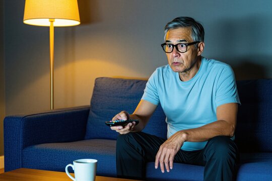 Elderly man wears glasses sits on sofa holding remote control, watching TV intently. Dim room lit by lamp. Person enjoys home entertainment late at night.
