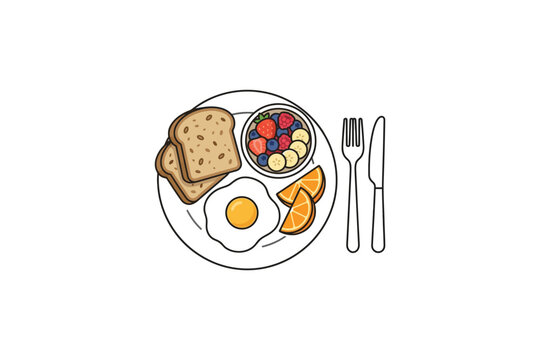 A hand drawn illustration of a healthy breakfast plate with toast egg fruit and cutlery.