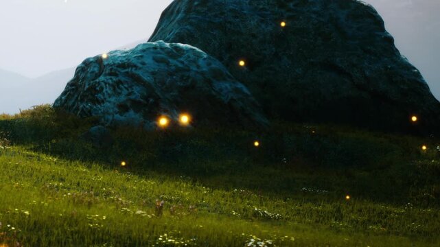 Small lights float and move above the green grass around a large rock. It is a sunny day and the area is natural with scattered plants. The scene feels lively and bright.