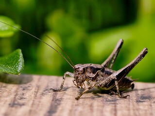 Bush-cricket of Tettigoniidae family katydid insect sitting on a wooden surface in a macro profile shot against green background © czjonyyy