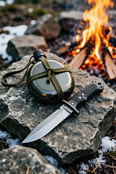 Metal army canteen flask, serrated combat knife rest on rough stone surface by warm fire. Traveler camping gear lies near burning bonfire logs in winter snow forest. Outdoor survival equipment items