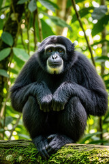 Siamang ape sits on mossy branch in jungle. Black primate with white beard stares intently forward, surrounded by green foliage. This endangered animal is a forest dweller. © Maryna