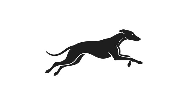 Minimalist leaping greyhound dog silhouette logo.