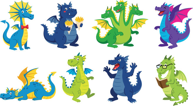 Cute Cartoon Dragon and Dinosaur Character Illustration Set with Various Activities and Multi Headed Mythical Creatures