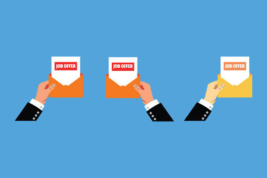 Three hands holding envelopes with job offer letters on a blue background, concept of employment, career opportunity, recruitment, hiring process, and professional job search