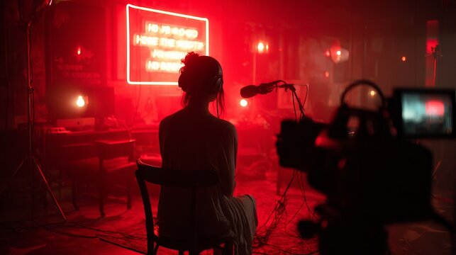Dark podcast talk show studio with red neon lighting and dramatic moody atmosphere, modern broadcast setting, cinematic background perspective