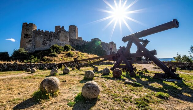 Ancient coastal fortress with historic cannon and cannonballs under a bright sunny sky, symbolizing defense and history.