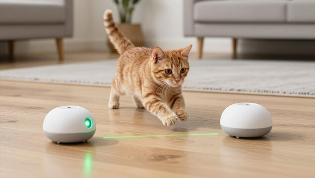 Playful Ginger Kitten Interacting with Smart Laser Toy in Minimalist Living Room