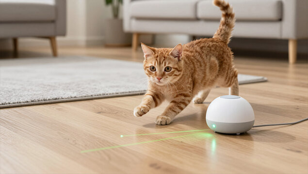 Playful Ginger Kitten Interacting with Smart Laser Toy in Minimalist Living Room