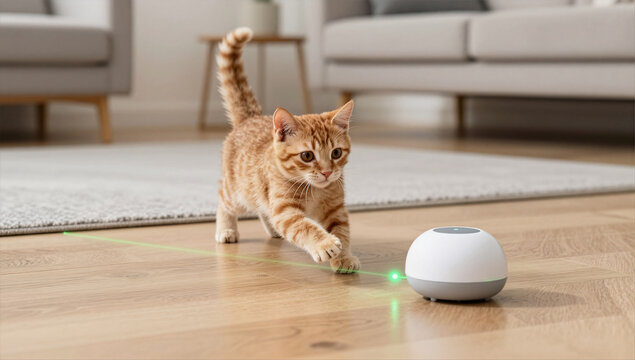 Playful Ginger Kitten Interacting with Smart Laser Toy in Minimalist Living Room