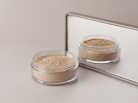 Loose face powder makeup in a glass jar reflecting in a mirror. poudres