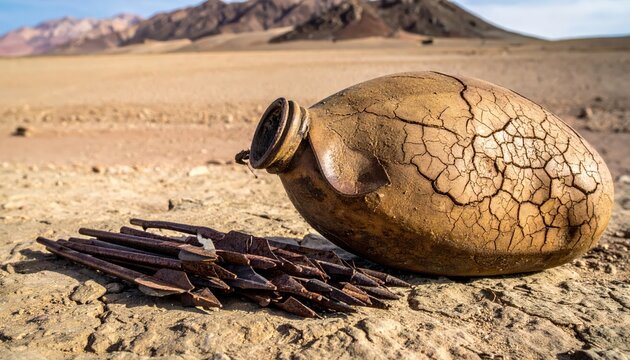 Ancient cracked water skin and rusted metal relics in arid desert landscape, symbolizing survival and history