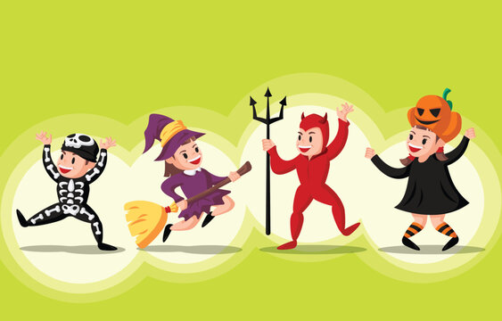 Four cartoon Halloween characters dancing together