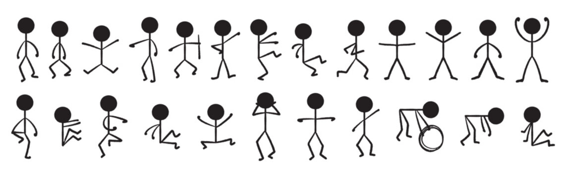 set of stick figures with different body poses vector silhouettes. gesture. posture. various physical acitivities. ear protection from loud sound. t pose. person running. man hoilding wheel.
