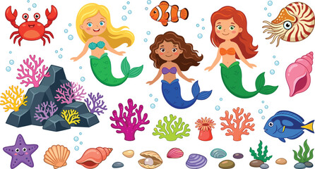Cute Cartoon Mermaid and Underwater Sea Life Icon Set with Colorful Fish Coral Reef and Ocean Shell Illustrations © Shukimon