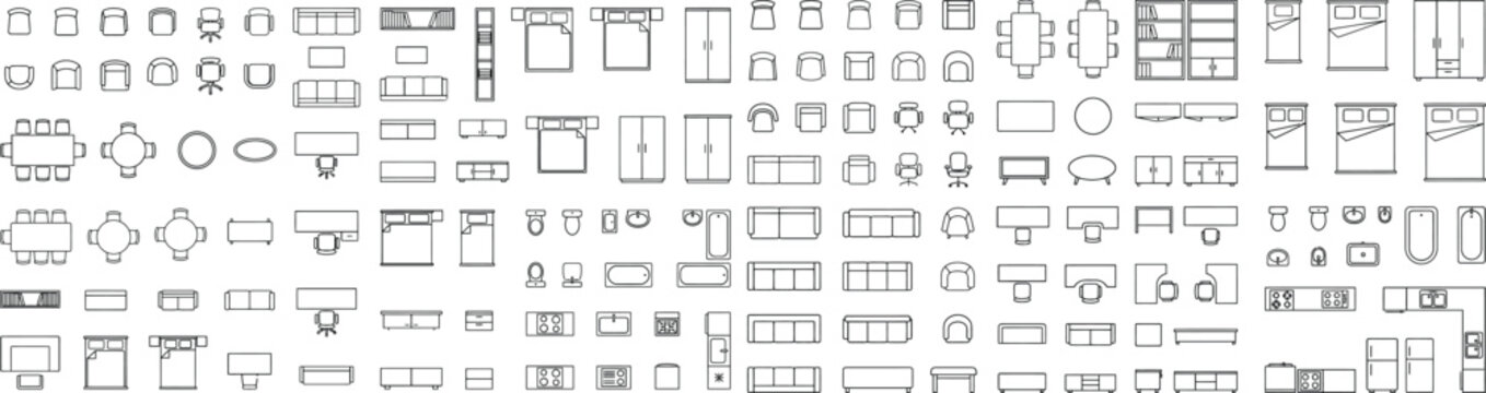 Top view furniture floor plan symbols vector mega set. Thin line CAD icons of chairs, sofas, tables, desks, storage and interior layouts for architectural blueprints, space planning and commercial