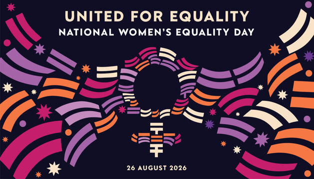 Colorful graphic design celebrating national women equality day with abstract shapes