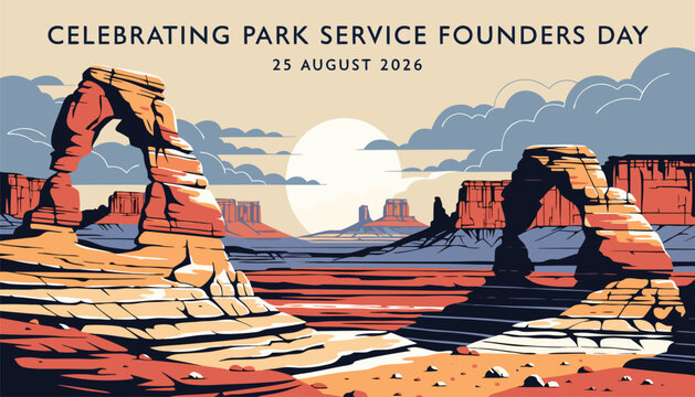 National park service founders day poster with iconic desert arches illustration