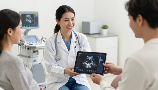 Professional OB GYN Consulting Expectant Diverse Couple