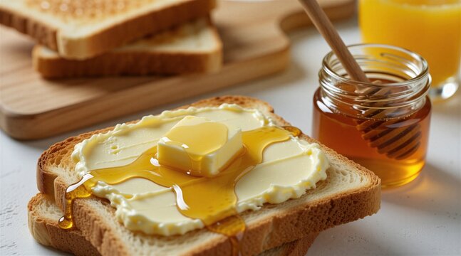 Golden honey drips over fresh butter on toasted white bread slice. Morning breakfast meal with sweet syrup, creamy spread. Crispy toast square sits on kitchen table next to glass jar with wooden