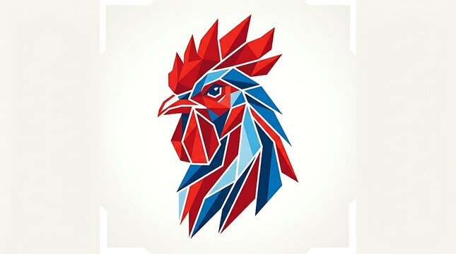 Geometric rooster head illustration in red, blue, and white stylized polygon design. Suitable for logos, posters, and farmthemed designs.