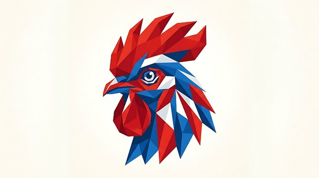 Geometric rooster head illustration in red, blue, and white stylized polygon design. Suitable for logos, posters, and farmthemed designs.