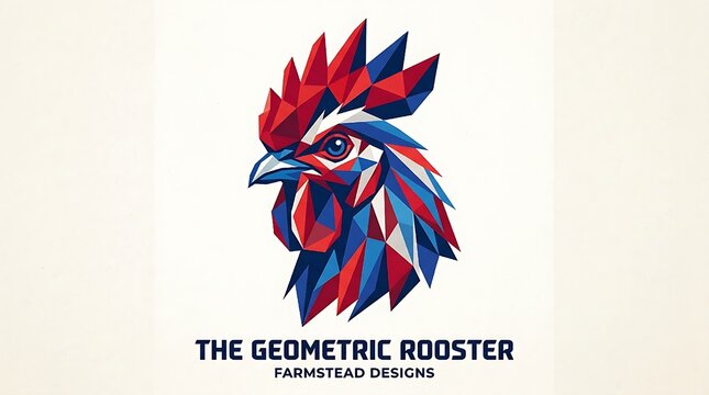 Geometric rooster head illustration in red, blue, and white stylized polygon design. Suitable for logos, posters, and farmthemed designs.