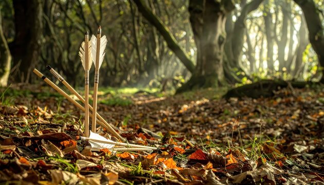 Ancient arrows with feather fletching rest in the leaf-strewn ground of a mystical, sun-dappled forest