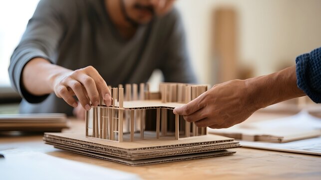 Two people collaboratively assembling a cardboard architectural model on a wooden table with focused hands and detailed structure