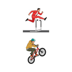 Obraz premium Dynamic Illustration Set Featuring an Athletic Man Jumping Hurdles and a Skilled Cyclist Performing a BMX Stunt Trick