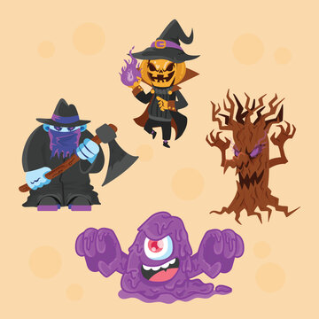 Four cute Halloween-themed fantasy characters illustration
