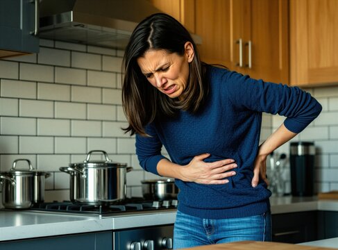 Woman in kitchen clutches her upper right abdomen. She looks pained and uncomfortable, possibly experiencing gallbladder or stomach issues. Medical or home remedy context.