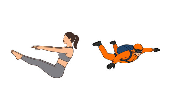 Active woman performing Pilates V-sit exercise and a skydiver in a freefall position isolated on white background